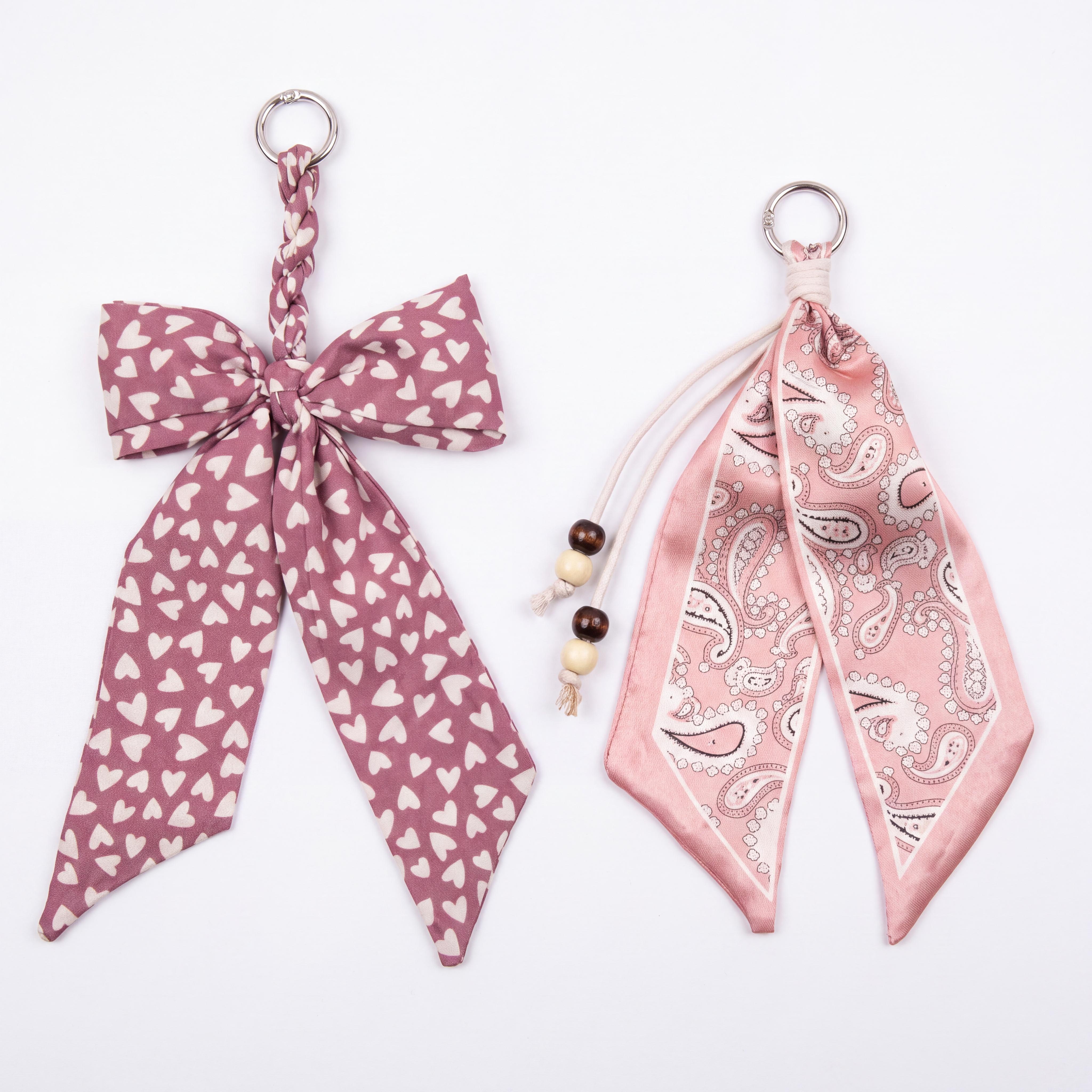 TEMU 2-pack Dusty Pink Heart & Light Print Polyester Scarf Charms With Artificial Wood Beads & Alloy Rings, Chic Delicate Trendy Soft Light Ornament
