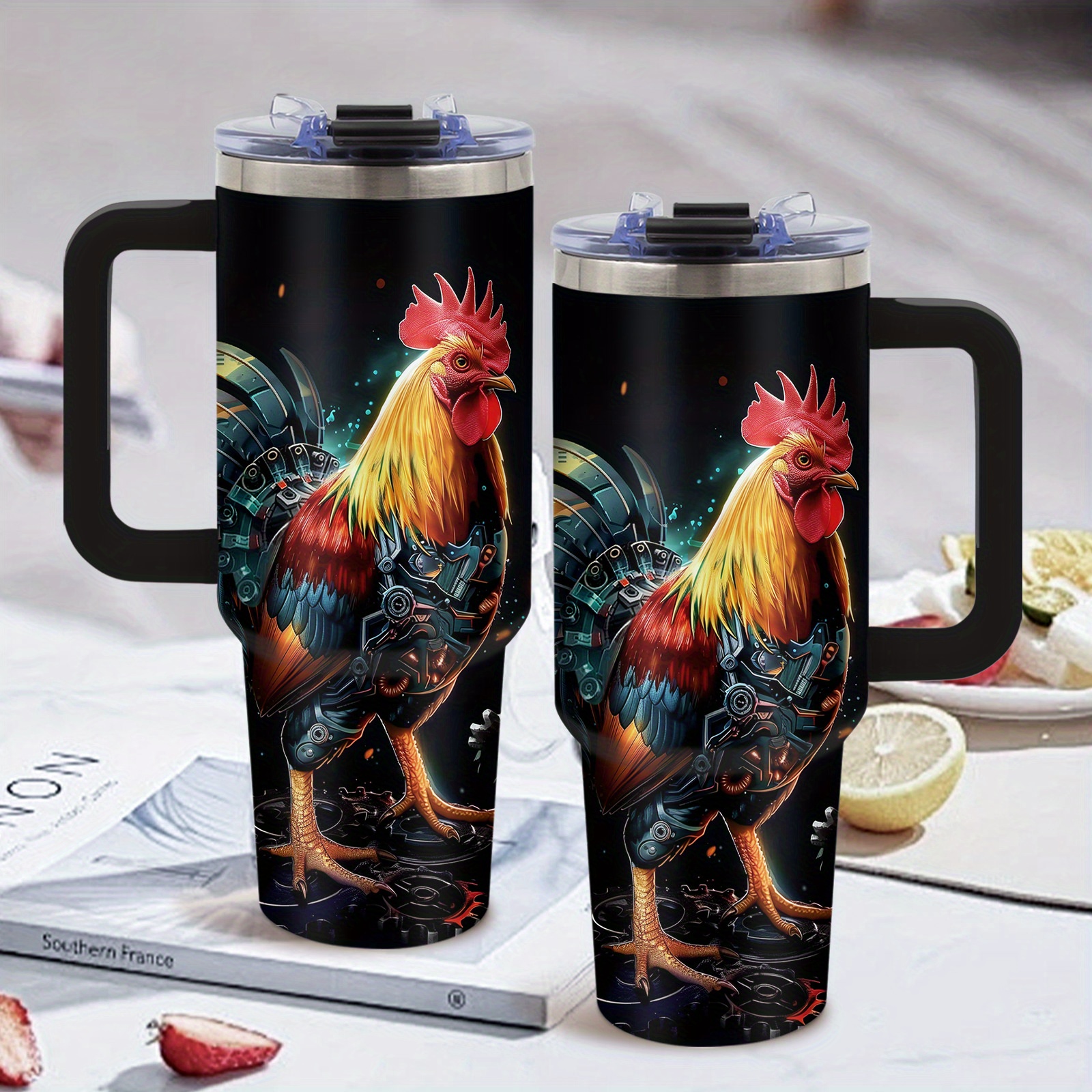 1pc Large 40oz Stainless Steel Vacuum Insulated Travel Mug - Leakproof Thermos Cup with Lid & Straw, Rooster Design (Red/Blue/Golden/Black/Teal) - BPA-Free, Matte Finish - Keeps Drinks Hot/Cold for Hours - Perfect for Gym, Office, Camping, Gifts for Men/Women - Coffee Cup, Insulated Coffee Mug, Outdoor Drinkware, Artistic Drinkware