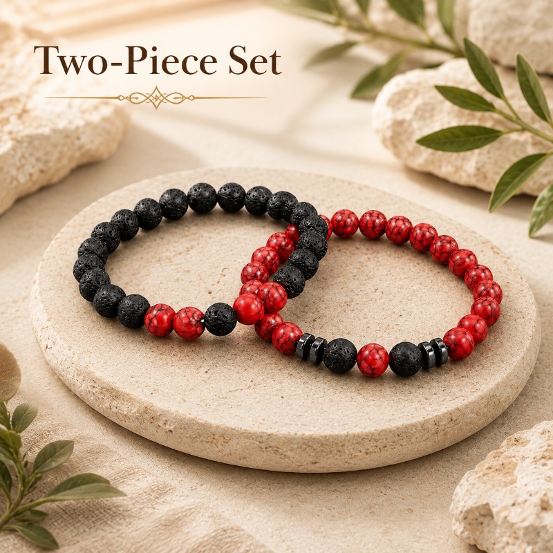 TEMU 2pcs Red And Black Contrast Natural Stone 2pcs Set, Trendy Jewelry Bracelet, Unisex Couple's Matching Accessory. Features Red-veined Round Beads