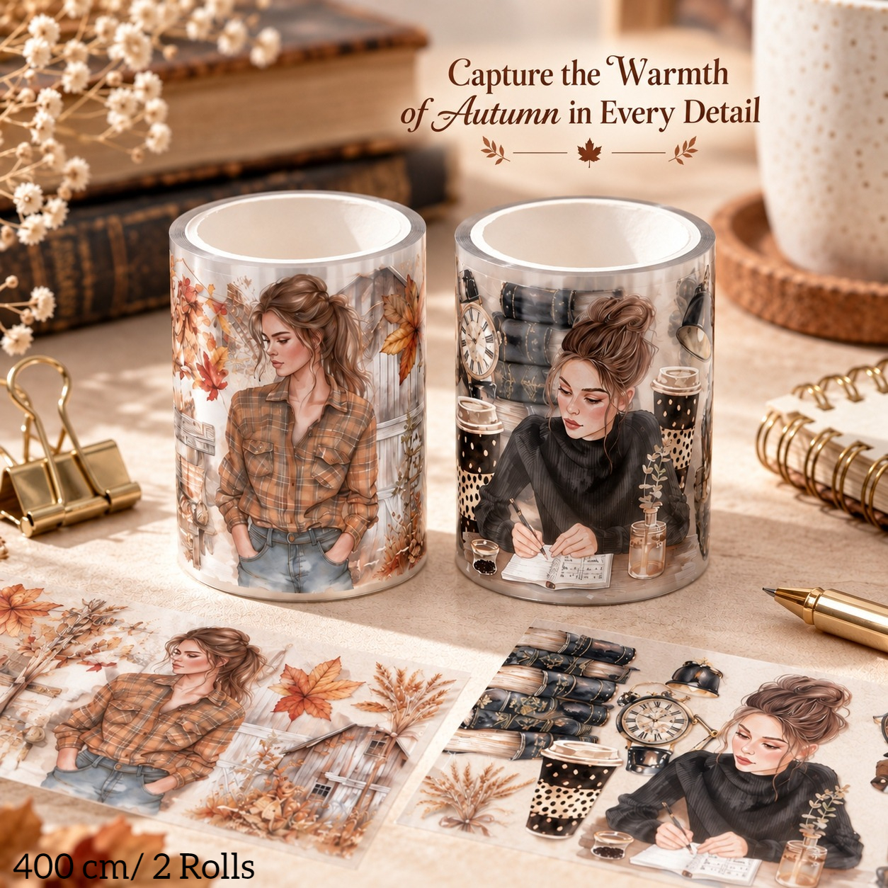 TEMU Ensemble de 2 rouleaux de ruban adhésif transparent PET de 400 cm, ruban autocollant décoratif fille automne vintage pour fournitures de