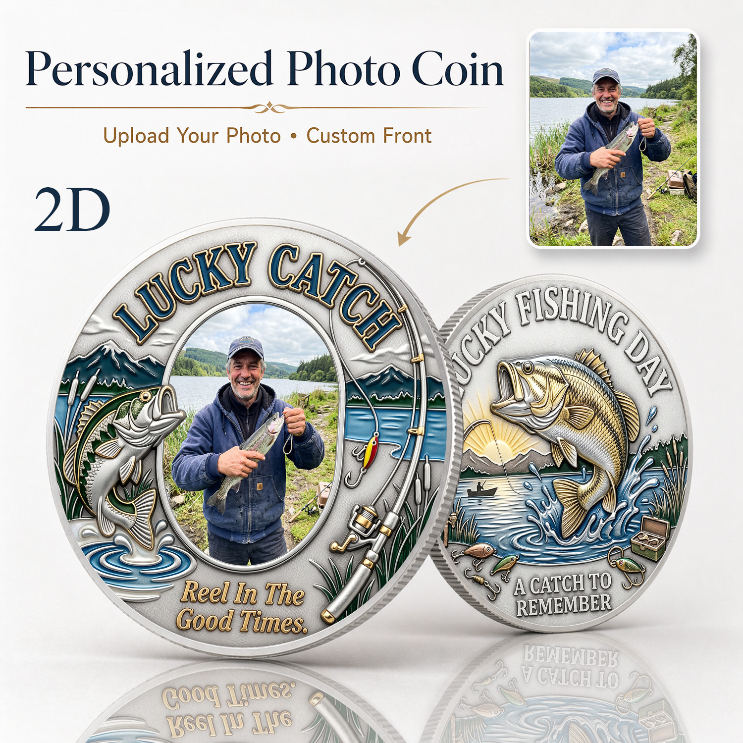 TEMU 1pc 2d Flat Silvery Personalized Photo Custom Commemorative Coin Supports Custom Photo Pattern Front With Catch Text Fishing Rod Bait Decoration