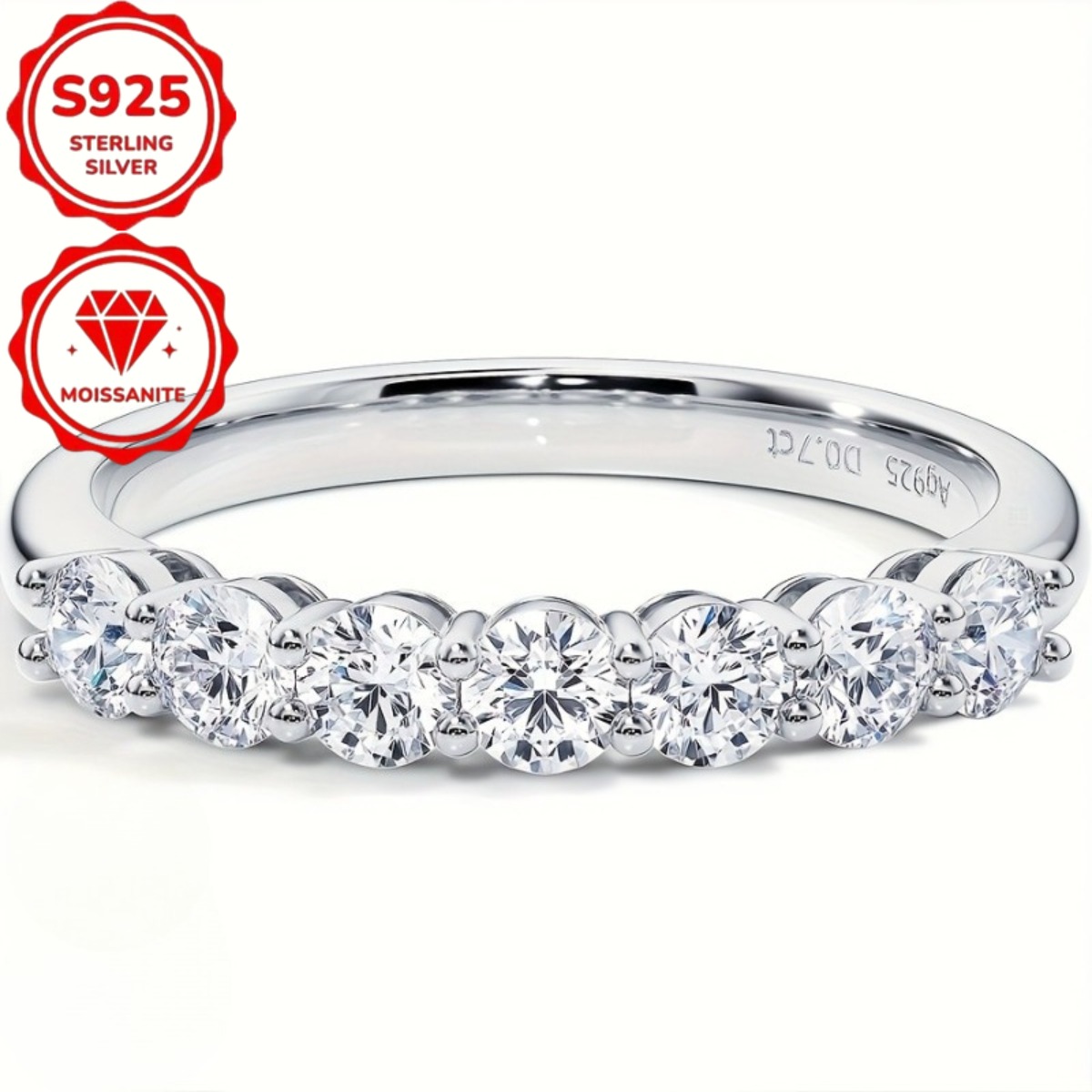 TEMU 7-stone Moissanite Women's Wedding Ring, 3mm Vvs1 Laboratory Manufactured Moissanite Ring, S925 Pure Silver Moissanite Anniversary Ring, Women's