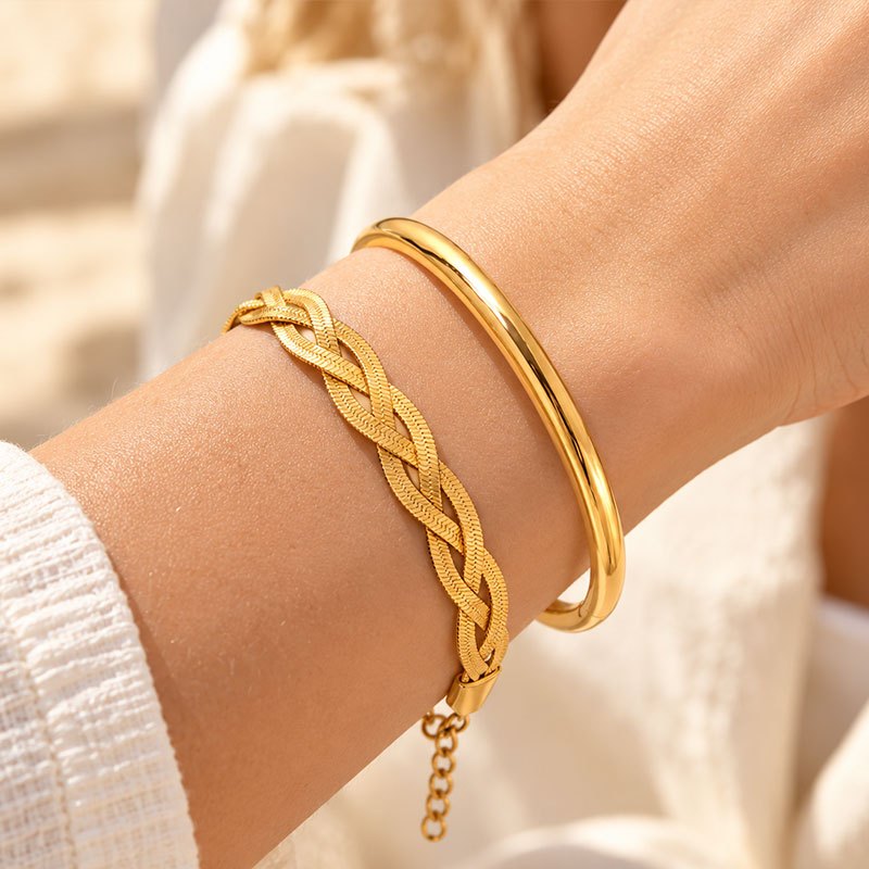 2pc Women's Stainless Steel Braided & Solid Bracelet Set