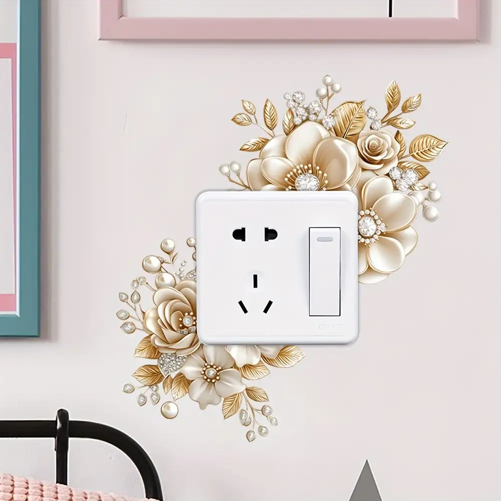 TEMU Autocollants pour Plaques d'Interrupteur Fleur Dorée - Adaptés pour Salon, Chambre, Salle de Bain - Décalcomanies Murales Amovibles avec Accents