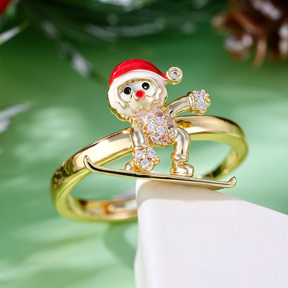 Women's Ski Santa Claus Open Ring with Zirconia