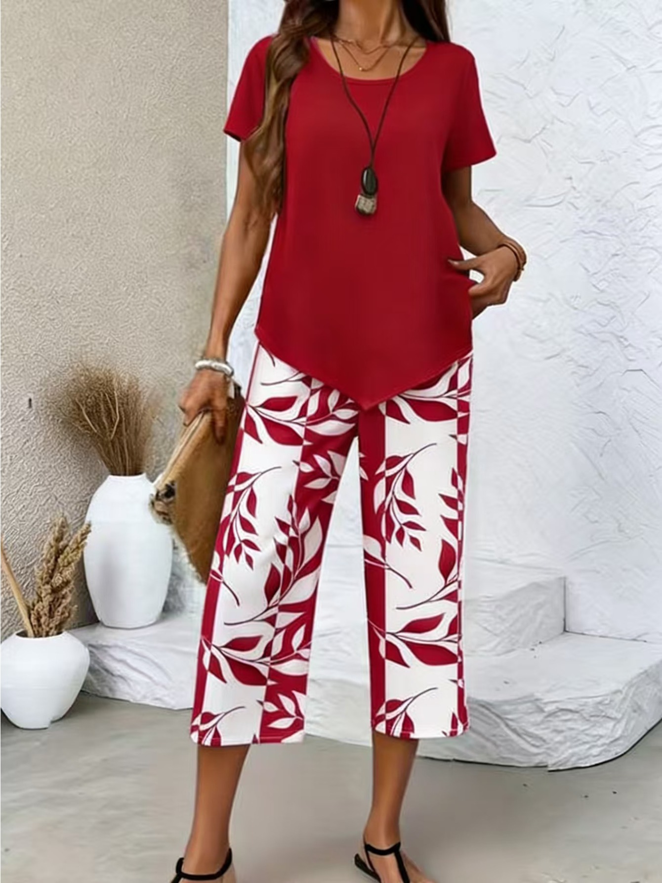 item picture spring and summer womens casual 2pcs set light blue short sleeved crew neck   and   printing   wide legs loose and comfortable daily street commuting versatile casual suit casual loungewear suit