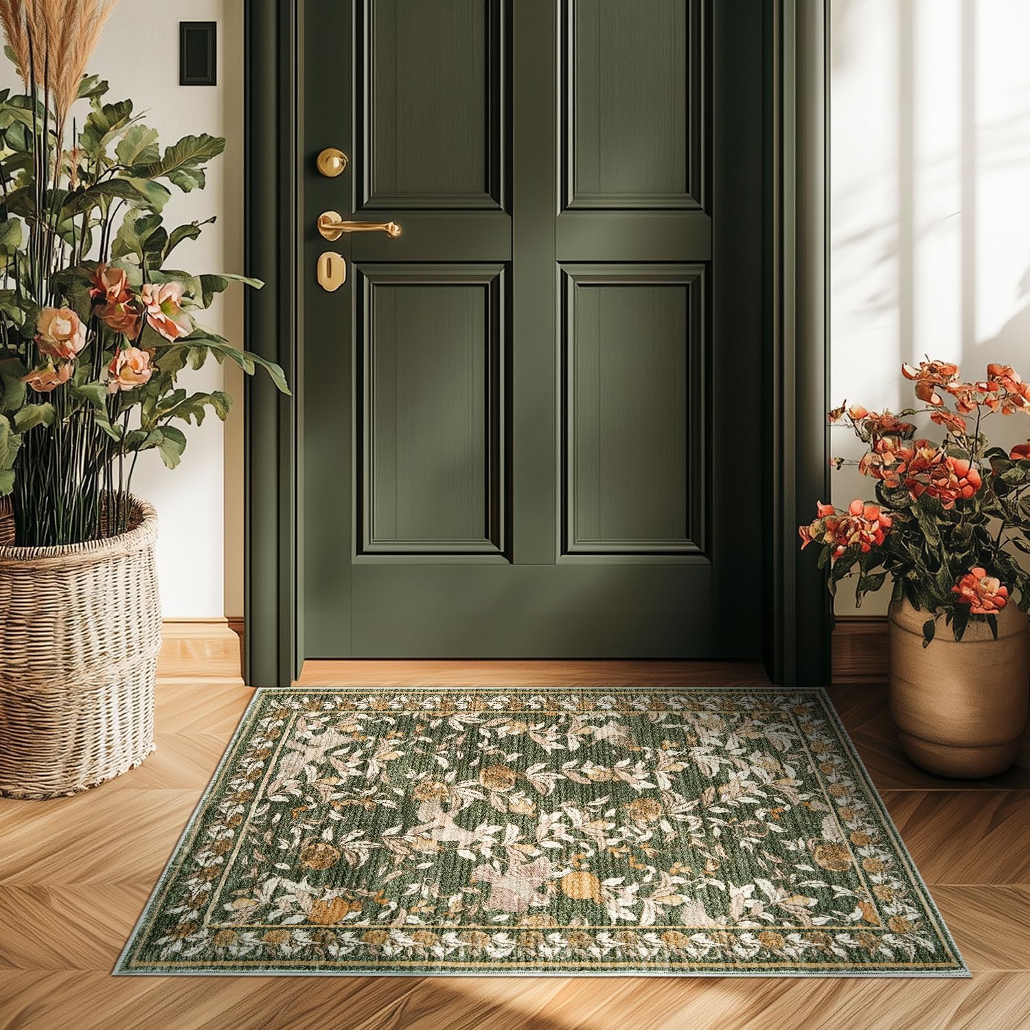 TEMU Tapis Décoratif JanFloral pour Entrée Vtae Lavable Intérieur Porte Tapis à Poils Courts Style Vieilli Vert Convient pour Chambre Salle de Bain