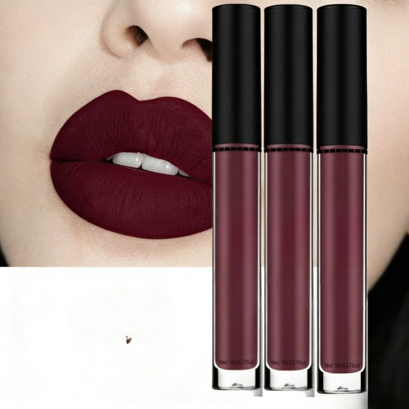 TEMU Collection Of 3 Matte Lip Glazes - Durable, Waterproof Lip Gloss With A Soft Velvet Feel, Showcasing A Rich Deep Plum Hue And A, Non-oily End,