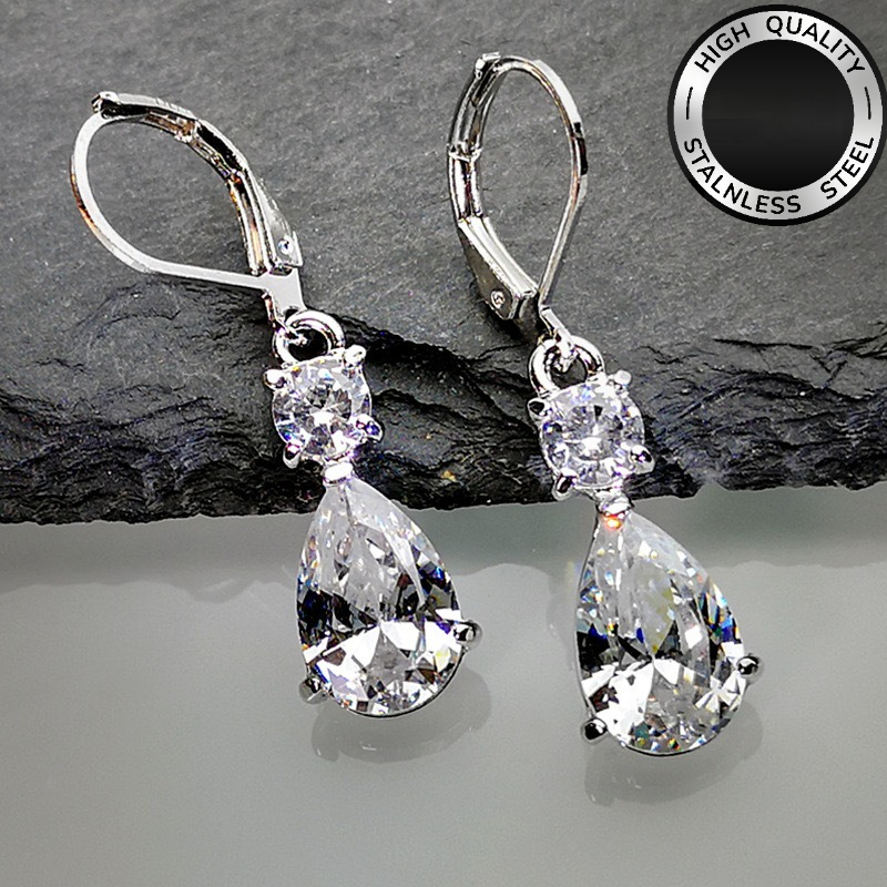 TEMU A Pair Of Exquisite, Elegant, And Light-luxury Fashionable Silvery Stainless Steel White Teardrop-shaped Zirconia Inlaid Women's Personality And