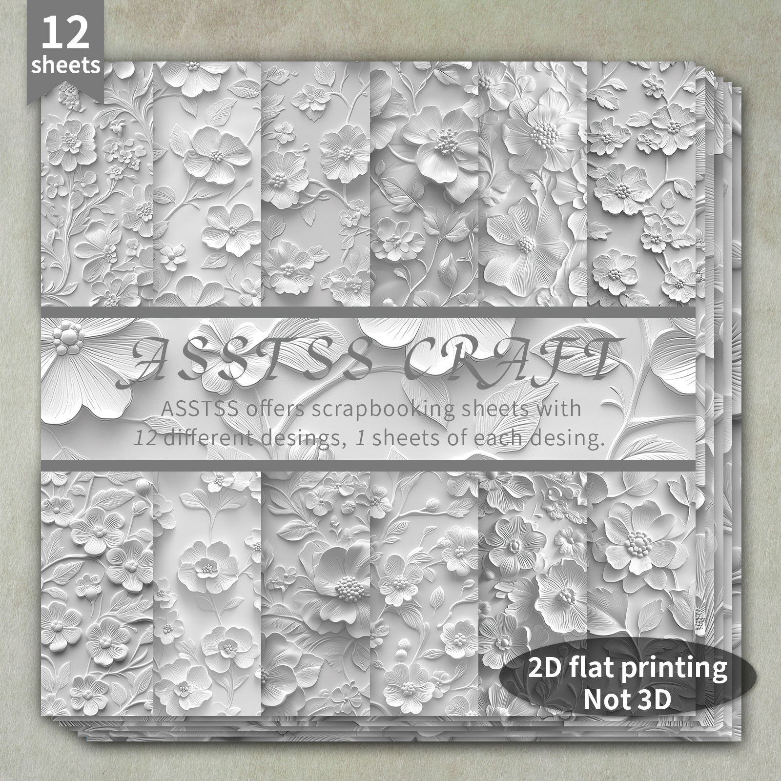 TEMU 12-sheet Asstss 6*6-inch Scrapbooking Paper Pad | 2d Silver-gray Relief Flower Floral Style Backing Paper, Heavyweight Cardstock For Journaling,
