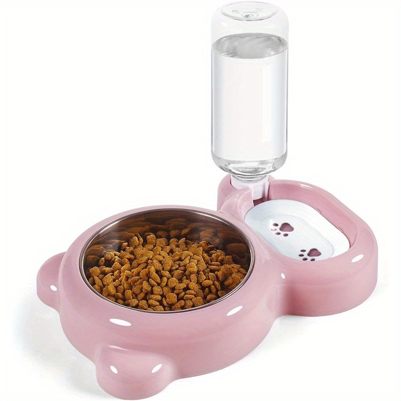 TEMU 2-in-1 (pink) Stainless Steel Pet Bowl Automatic Pet Feeder And Water Dispenser For Cats And Small Dogs, Plastic Food Storage Container,