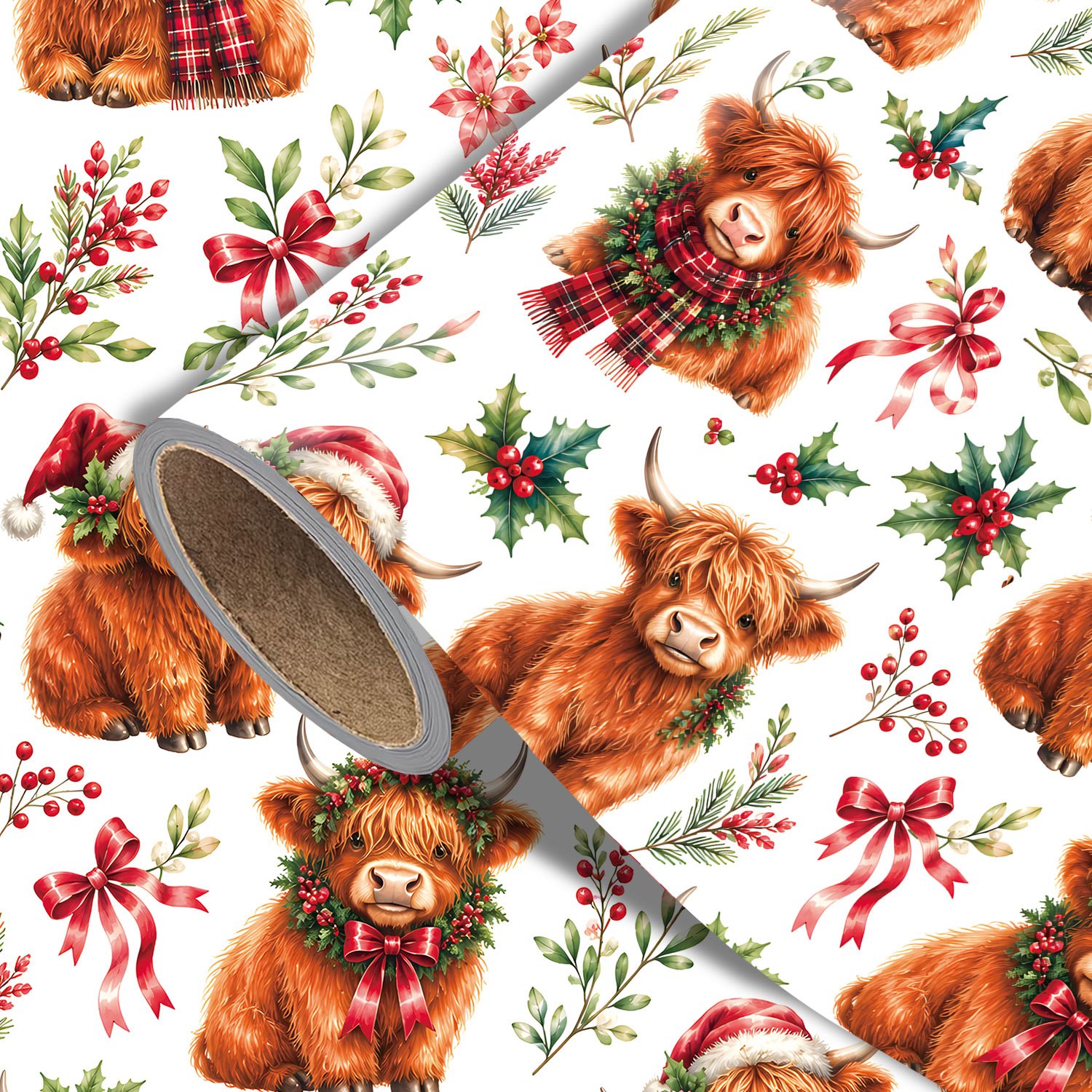 TEMU 1 Roll Christmas Highland Cow Wrapping Paper - Bow, Xmas Pattern, Designs For Holiday - Measuring 45cm X 300cm (17.7in X 118in)