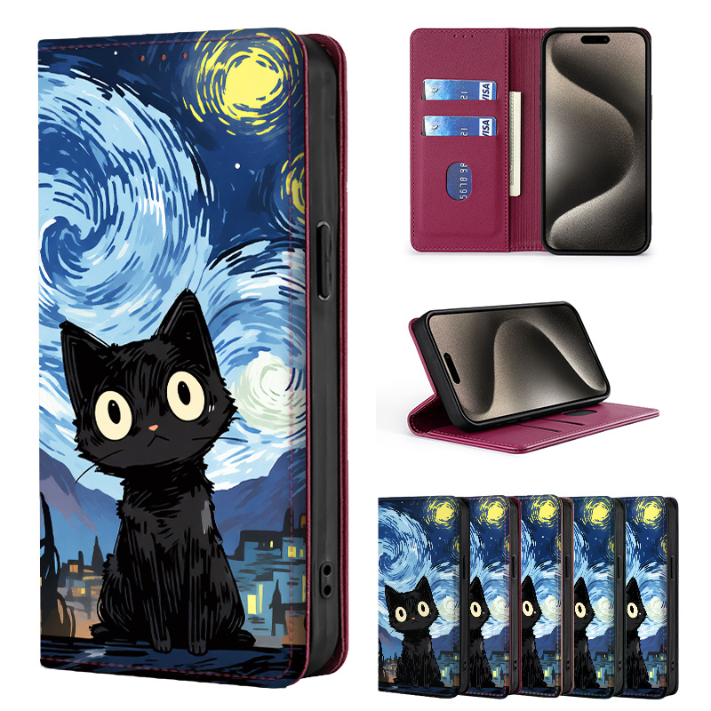 TEMU Phone Case - Colorful Painted Double-fold Edge, Faux Leather Flip Cover Creative Phone Case With Card Slot Anti-theft Stand Wallet, For Xiaomi