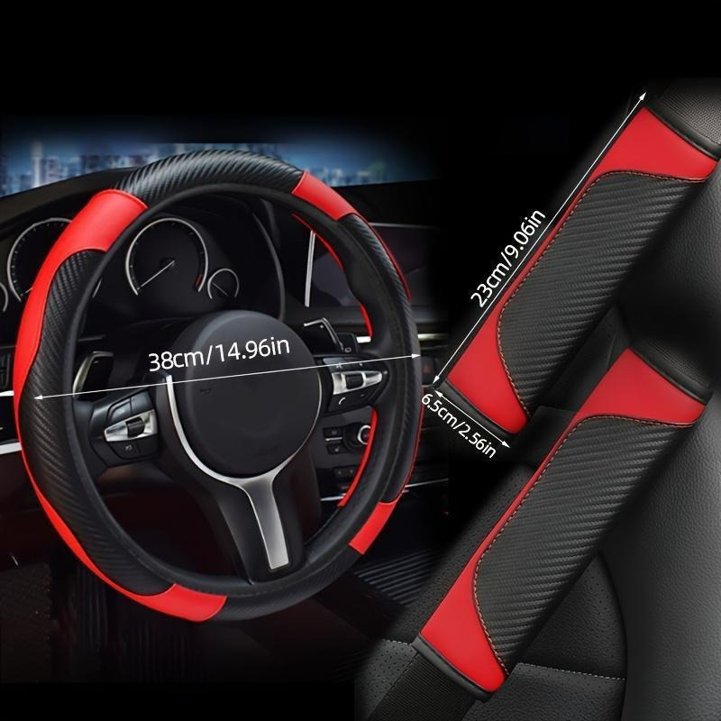 TEMU 3pcs High-end Pu Leather Steering Wheel Set, Carbon Fiber Texture, Universal Fit, Includes Comfortable Shoulder Pads, No Design
