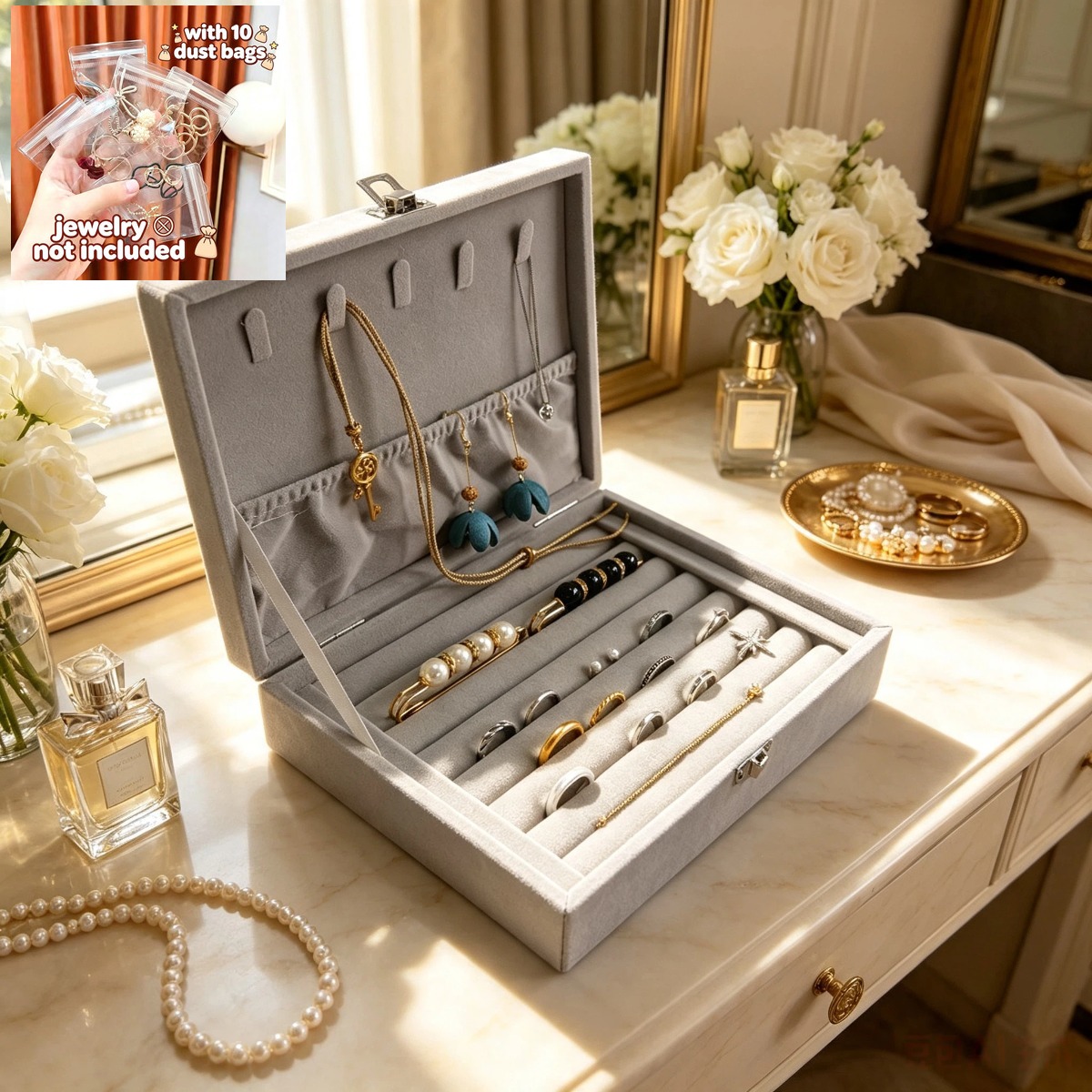 Premium Gray Velvet Locking Jewelry Box with Compartments