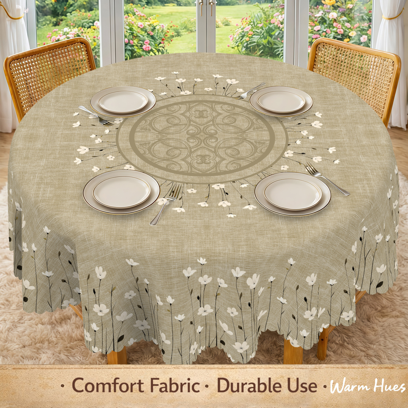TEMU 1pc, A Easy Scandinavian-style Tablecloth With A Japanese-korean Design, Featuring A Vintage White Floral Pattern On A Brown Linen Texture