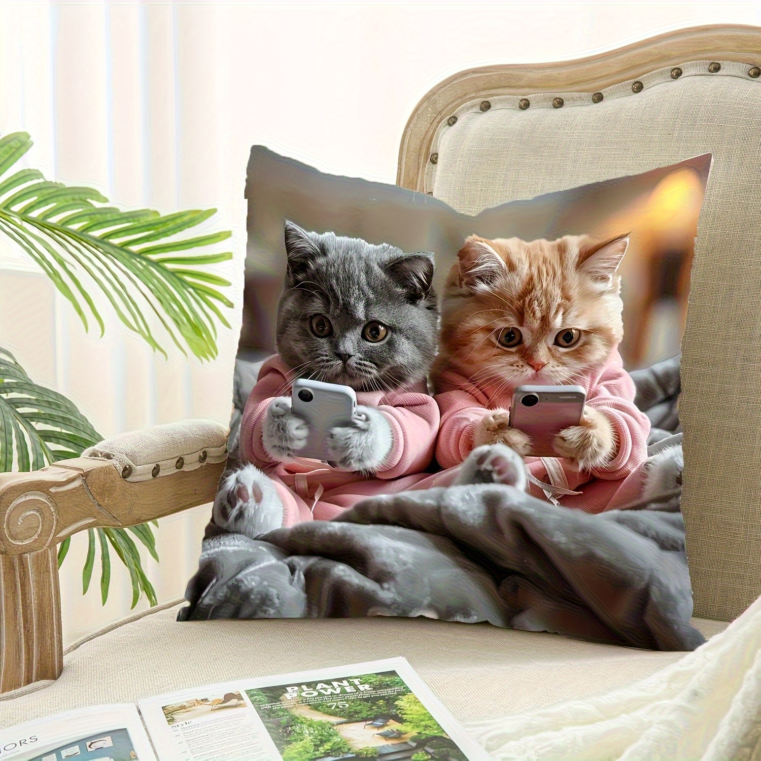 1pc cute   tabby kittens in pink hoodies using phones pillow cover dual sided printed   with zipper closure machine washable grey background decor for sofa bed chair birthday thanksgiving gift for cat lovers home decor accent bedroom accessory   design   print pet owners   thanksgiving Product details 3