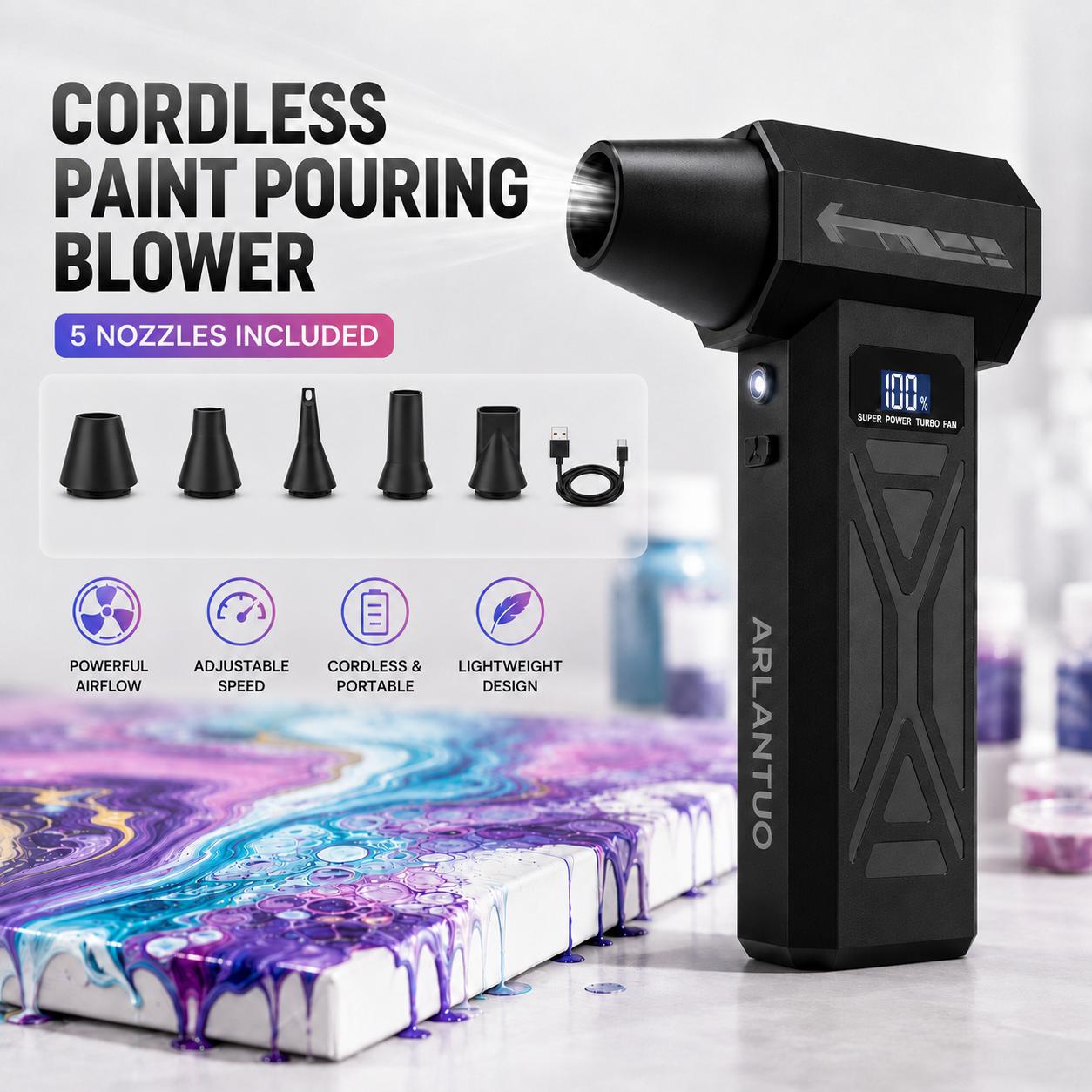 TEMU Cordless Mini Paint Blower With 5 Nozzles & 4-speed Settings - Portable Air Blower Suitable For Acrylic Pouring, , Dutch Pour, Watercolor, Craft