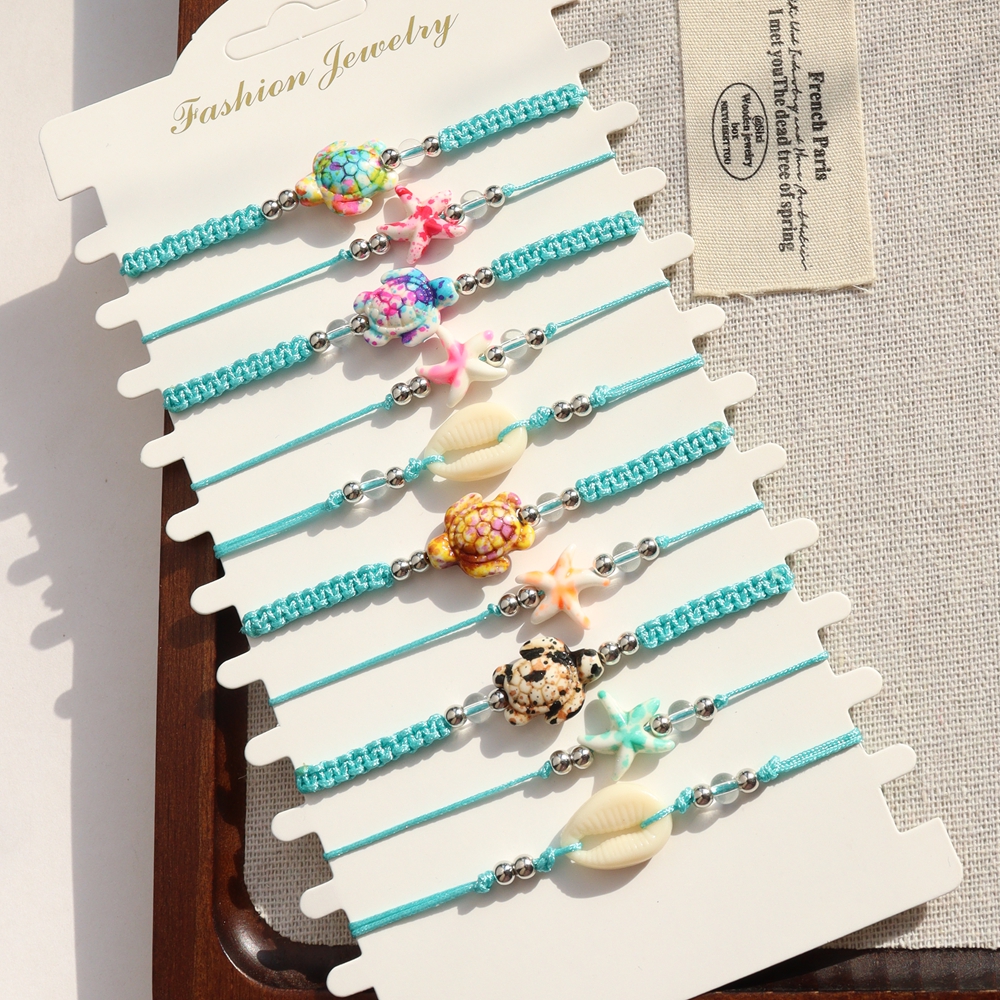 TEMU Random 10pcs 10 Styles Women's Woven Bracelets Summer Beach Style Bracelets Turtle Starfish Women's Layered Bracelets Blue Ocean Adjustable