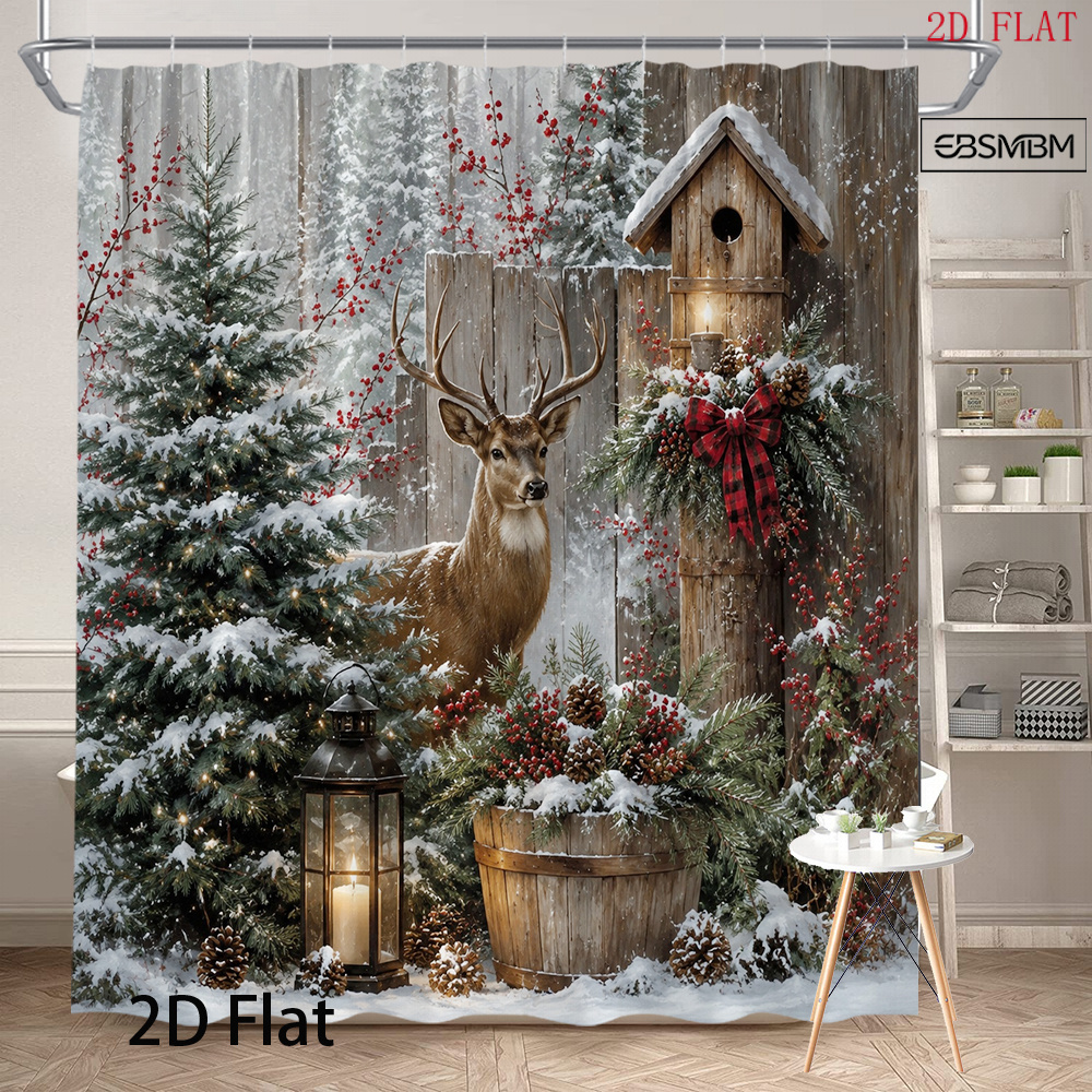 TEMU 2d Flat, 2d Flat, 2d Flat Christmas Shower Curtain, 1pc Set, A Deer In A , With Pine Trees And Lanterns, Vintage Decoration, Polyester Fabric