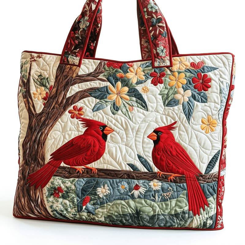 TEMU Quilted Travel Tote Bag, Red Bird Pattern Printed Large Capacity Handbag, For Women Bird Art Grocery Shopping Daily Use, 1pc, Soft Lightweight