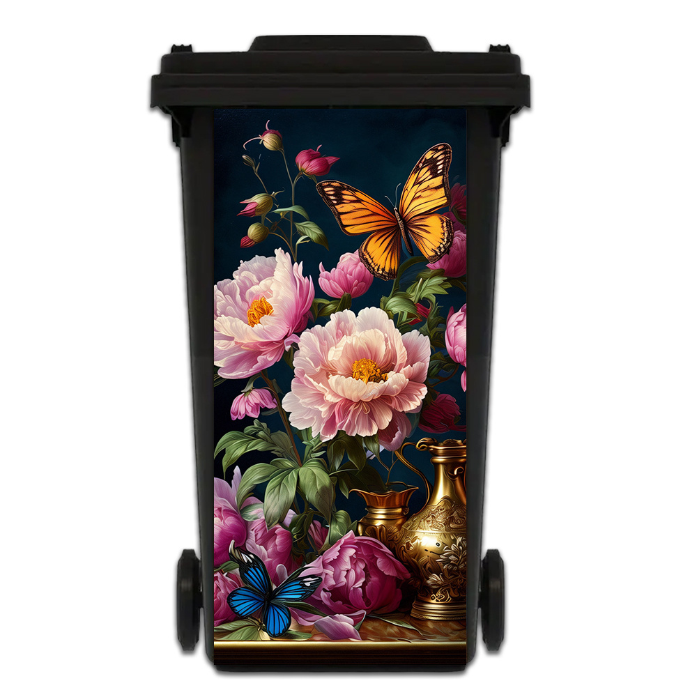 Image of 1pc Vibrant & Floral Waterproof Pvc Trash Can Decal - Easy To Apply, Durable & High-quality, Moisture-resistant Sticker For Outdoor Garbage Bins, Diy Mural With Peonies & Butterflies, Flower Themed