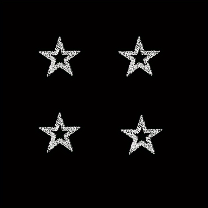 Image of 4 Sparkling Hollow Five-pointed Star Rhinestone Patches With Self-adhesive Backing, Suitable For Clothing, Bags, Cups, Home Decor, And Craft Additions