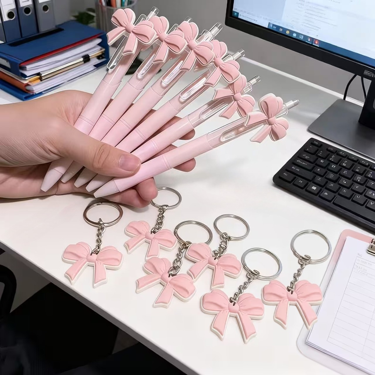 Image of 12pcs Pink Bow Party Supplies Set - Bow Theme Ballpoint Pens, Keychain Supplies - Suitable For Birthday Parties, Gift Bags, Party Supplies And Gifts I Halloween I Navidad