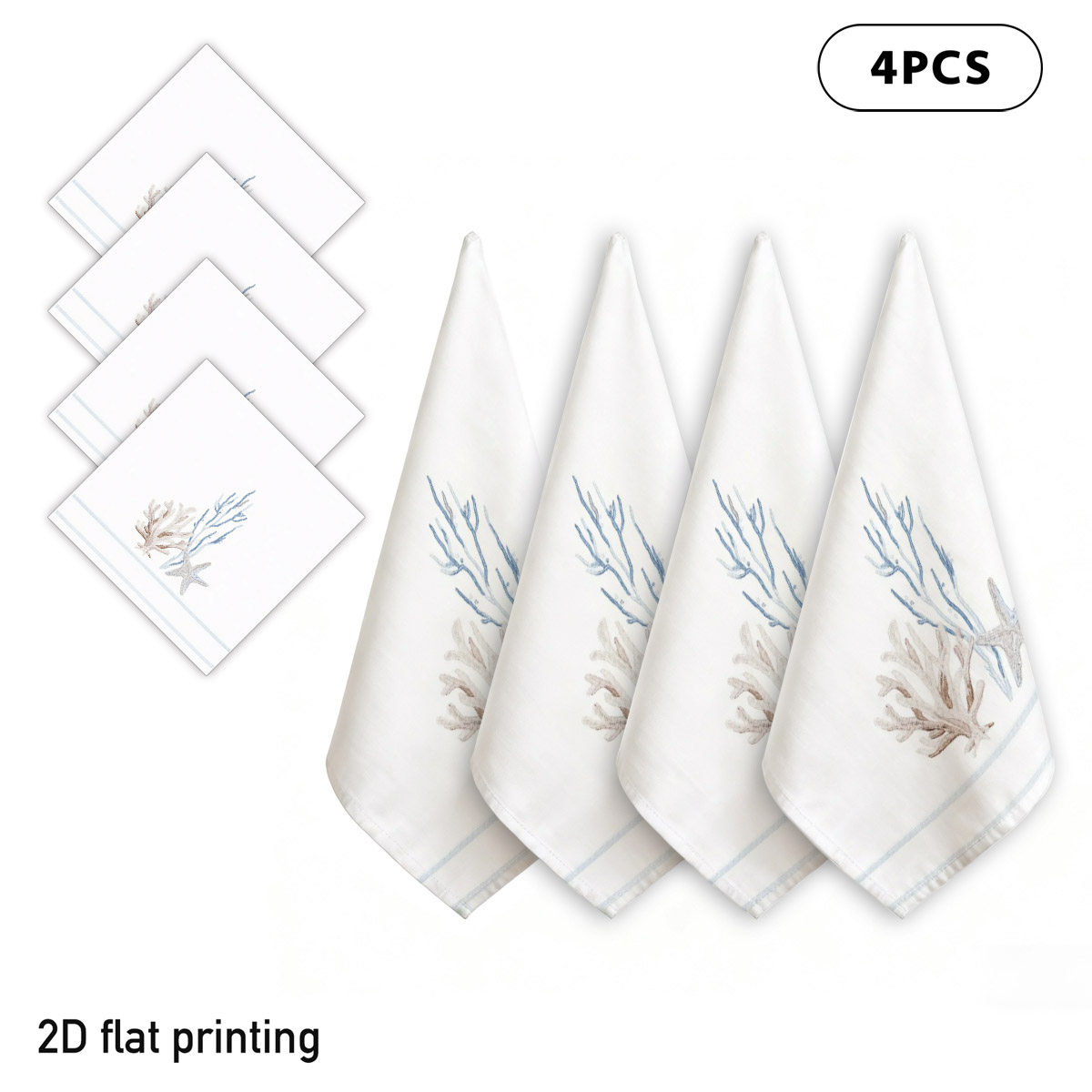 TEMU 2d Flat 4pcs Watercolor Starfish Reusable Napkins, Delicate Ocean-themed Table Decor, Ideal For Coastal Dinner Parties, Beach-themed Weddings,