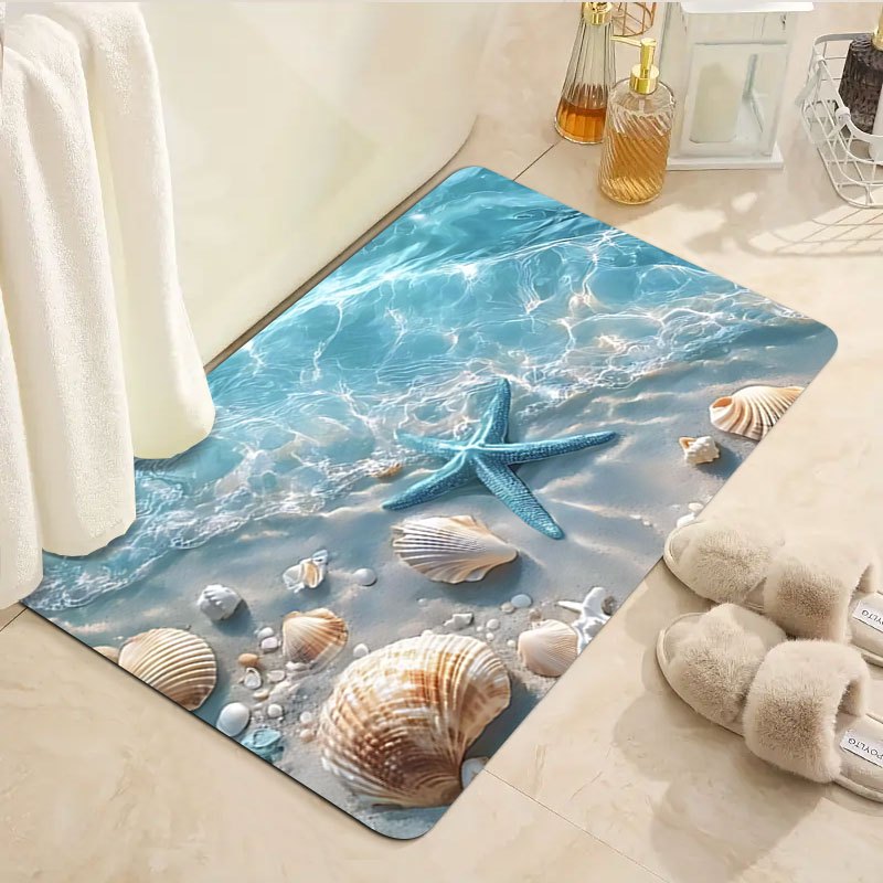 TEMU 1pc Beach, Starfish, Shell, Pearl, Sea Pattern Printed Bath Mat, Soft Flannel Texture, Suitable For Entrance, Bathroom, Kitchen Floor Mat,
