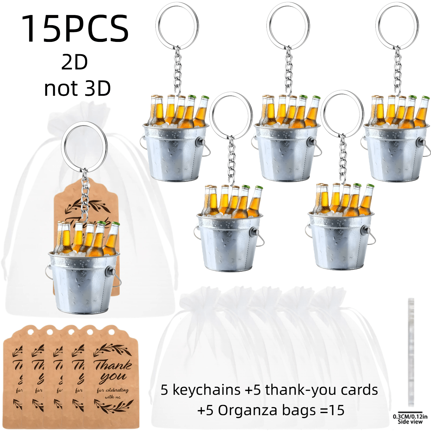 TEMU 2d Flat - 2d Design, 15pcs Keyring Set, Beer Keychain Gift Pack- Includes(5 2d Design Keychains+ 5 Thank-you Cards+ 5 Gift Mesh Bags), Suitable