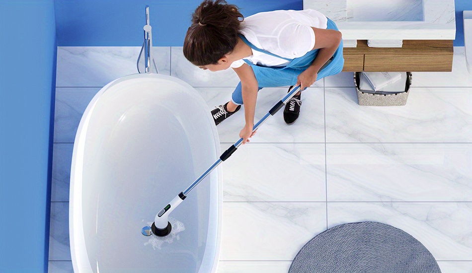   electric spin scrubber set with led display 2 adjustable   7 replaceable brush heads detachable long handle usb rechargeable lithium battery 2500mah for tub tile floor sink window stove car ideal for living room toilet kitchen patio details 7