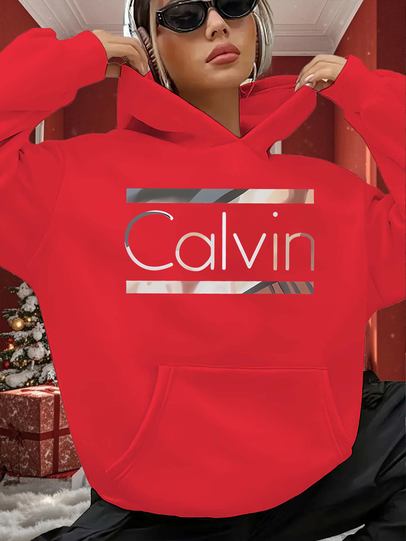 Red Women's Oversized Hooded Sweatshirt with Graphic Print - Casual Winter Warmth,