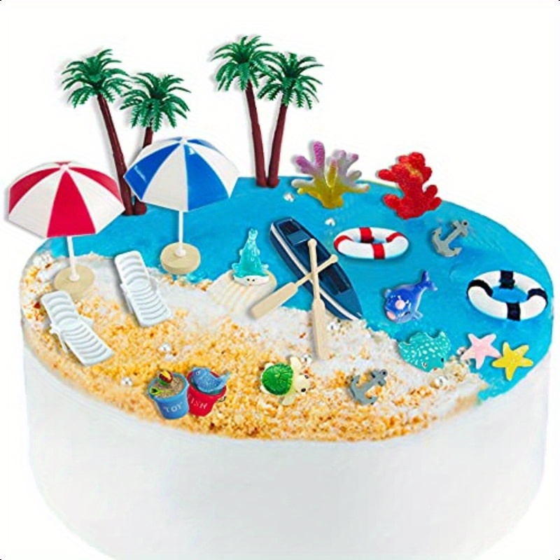 27PCS Tropical Cake Topper Set - Coconut Tree, Boat, Hook, Flowers For Baby Birthday Party - View #2