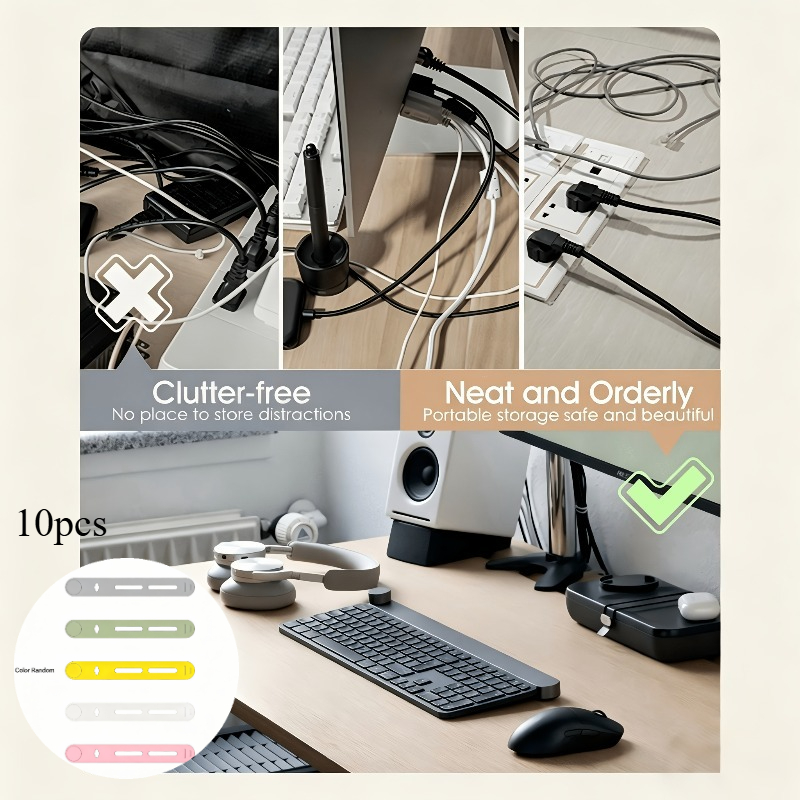 TEMU 10pcs Reusable Silicone Cable Ties, Random Colors, Self-locking, Secure, Durable, For Organizing Charging Cables, Earphones, Power Cords,