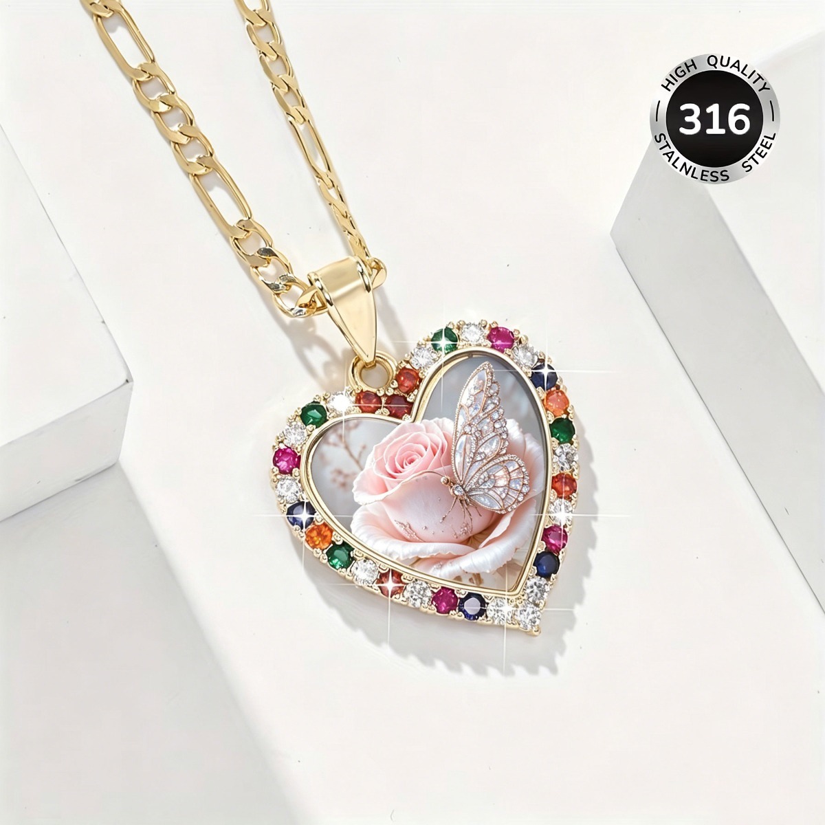 Women's Vintage-Style Pink Rose Pattern Stainless Steel Pendant Necklace