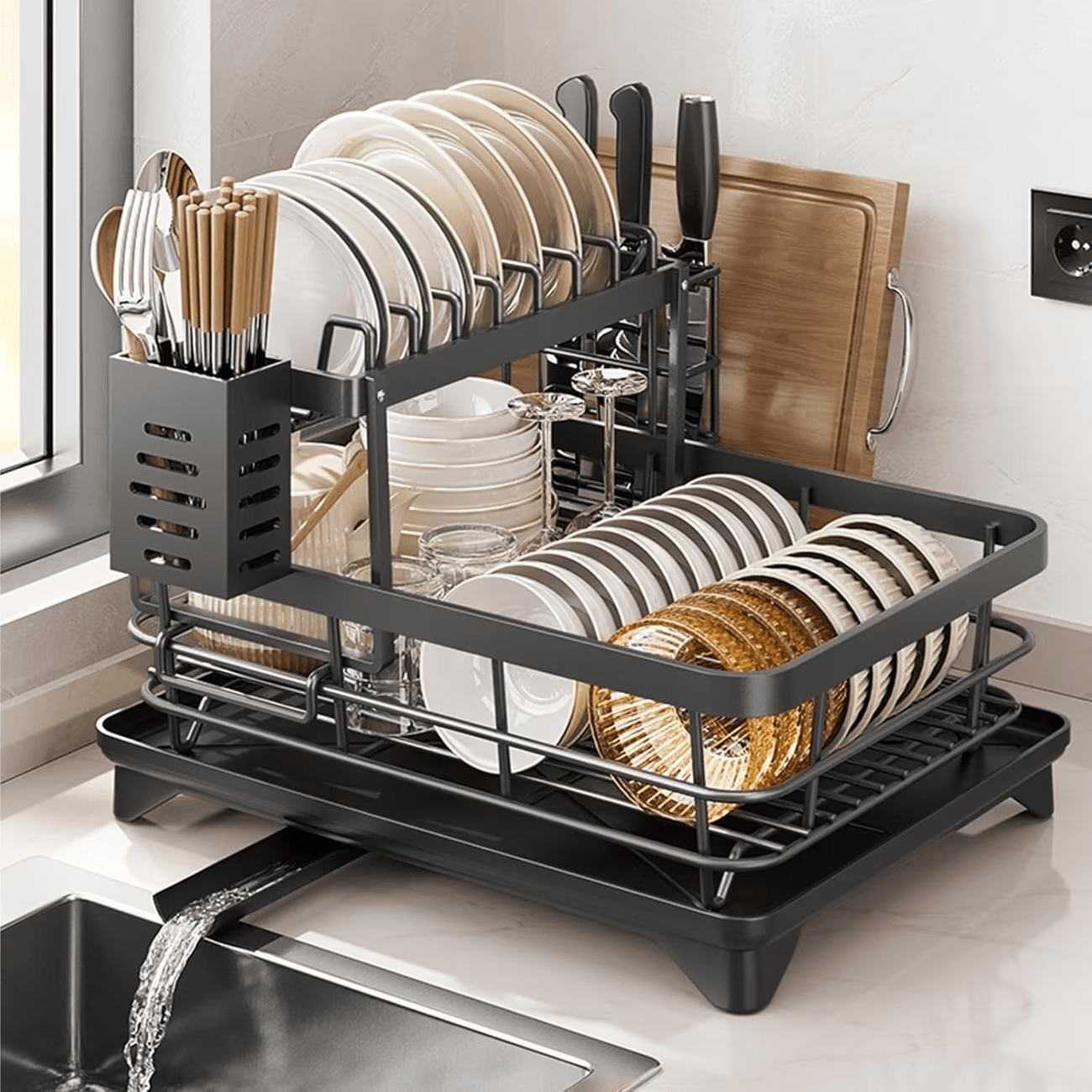 TEMU Deluxe 2- Tier Dish Drying Rack - Large Capacity, Double- Layer Bowl Rack, Cup Rack, Cutting Board, Space- Saving Design, Easy To Clean, Kitchen