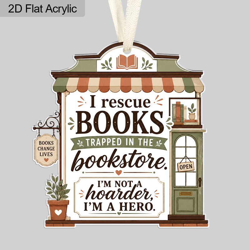 TEMU 2d Flat, 1pc Book-themed Acrylic Hanging Pendant Ornament - Bookstore House Decor With "i Rescue Books" Quote, Book Lover Gift Suitable For