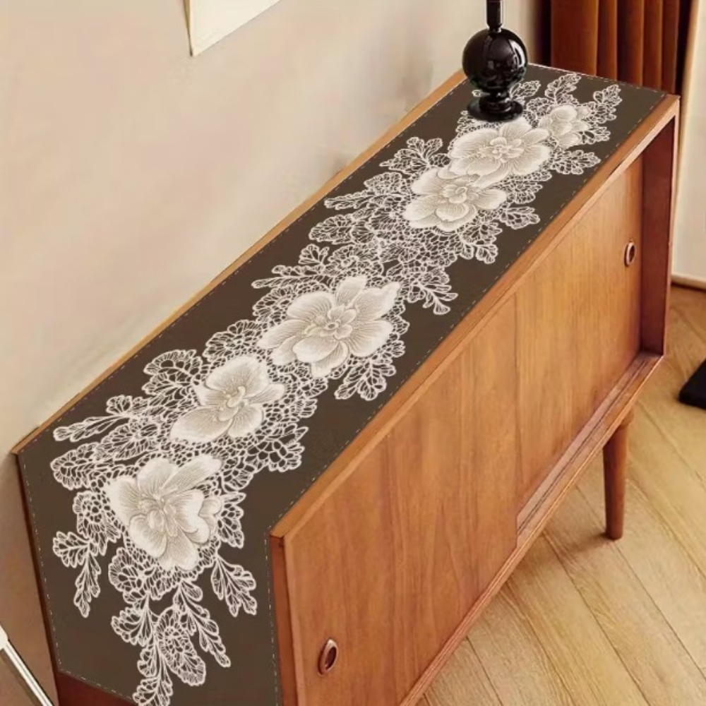TEMU Lace Floral Table Runner, Polyester Chiffon Fabric, Elegant Wedding Party Decoration, Easy-to- Decor For Festive Kitchens, Living Rooms, And