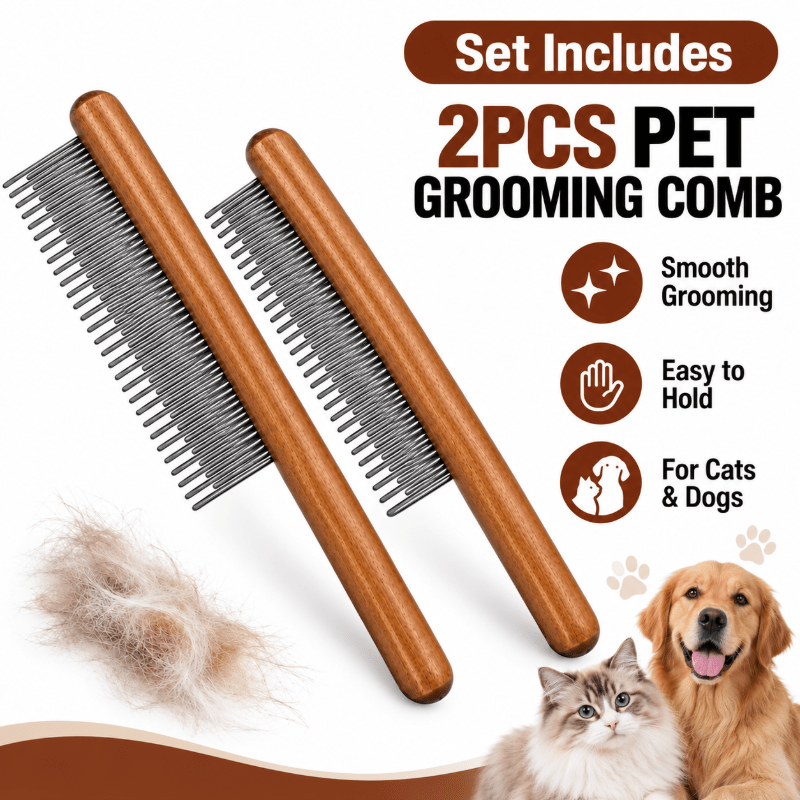 TEMU 2pcs Wooden Handle Pet Combs For Cats And Dogs, Stainless Steel Fine Teeth Grooming Tools For Long And Short Hair, Pet Hair Removal Comb Set