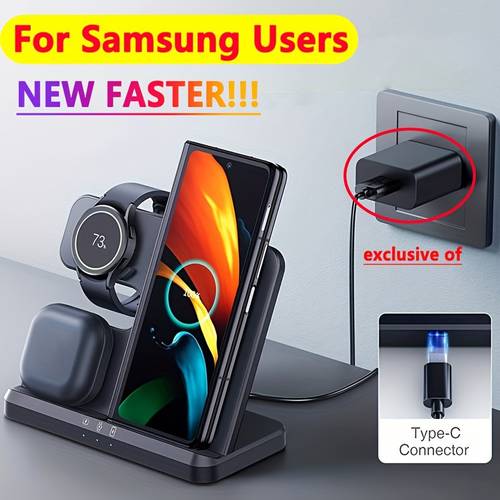 3 in 1 phone fast wireless charging station wireless charger stand intelligent heat ventilation for samsung galaxy s25 s24 s23 s22 s21 s20 ultra note z fold android for earbuds 3 2 live for galaxy watch 7 6 5 4 classic buds active