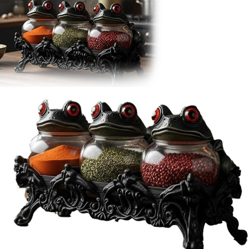 Image of 3pcs Faridabio Hand-painted Apothecary Jars With Gothic Frog Lids - Vintage Frog Spice Jars, Labeled " Frog Apothecary" For, Salt Containers - Reusable Bottles & Decor (handwash