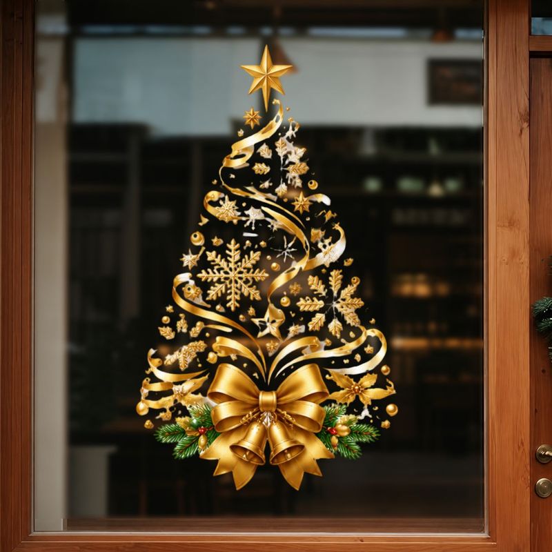 TEMU 2d Flat, 1pc Static Cling Window Film Suitable For Windows, Glass Doors & Mirrors - Golden Snowflake & Bow Patterns, Reusable Removable Pvc