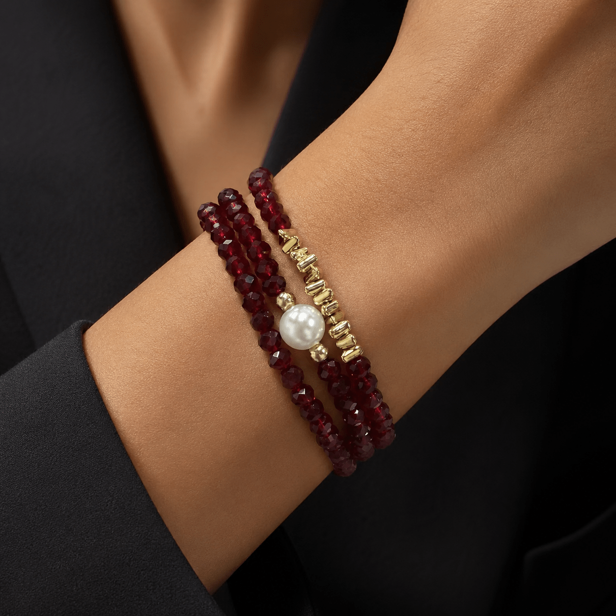 TEMU Conjunto de pulsera ajustable de 3 piezas para mujer con de perlas, color dorado, CCB y cristal artificiales de color , ideal para uso diario,