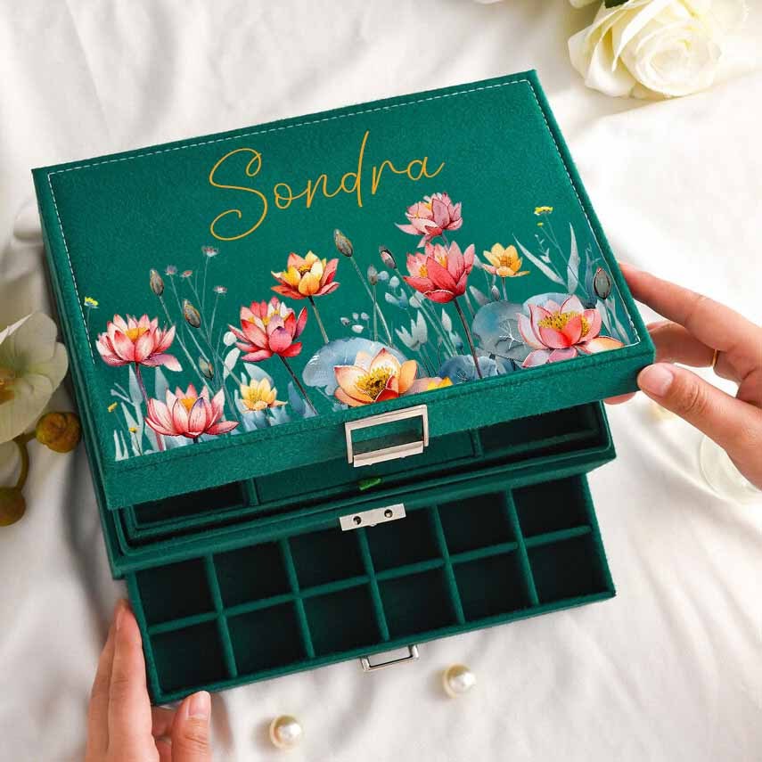 Elegant Floral Jewelry Box with Custom Name, Gift Organizer