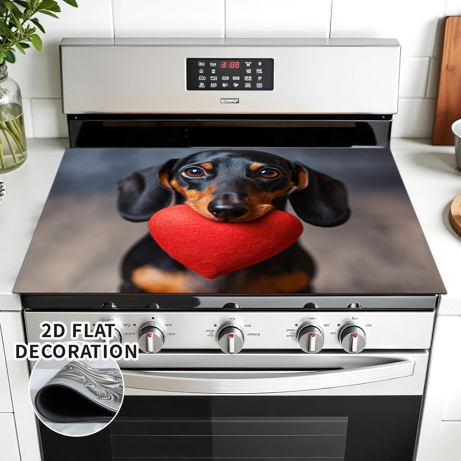 TEMU 2d Printing 1pc, Stove Replacement Decorative Cover - Classic Dachshund With Red , Rubber Induction Cooktop Protector, Extra Countertop Space,