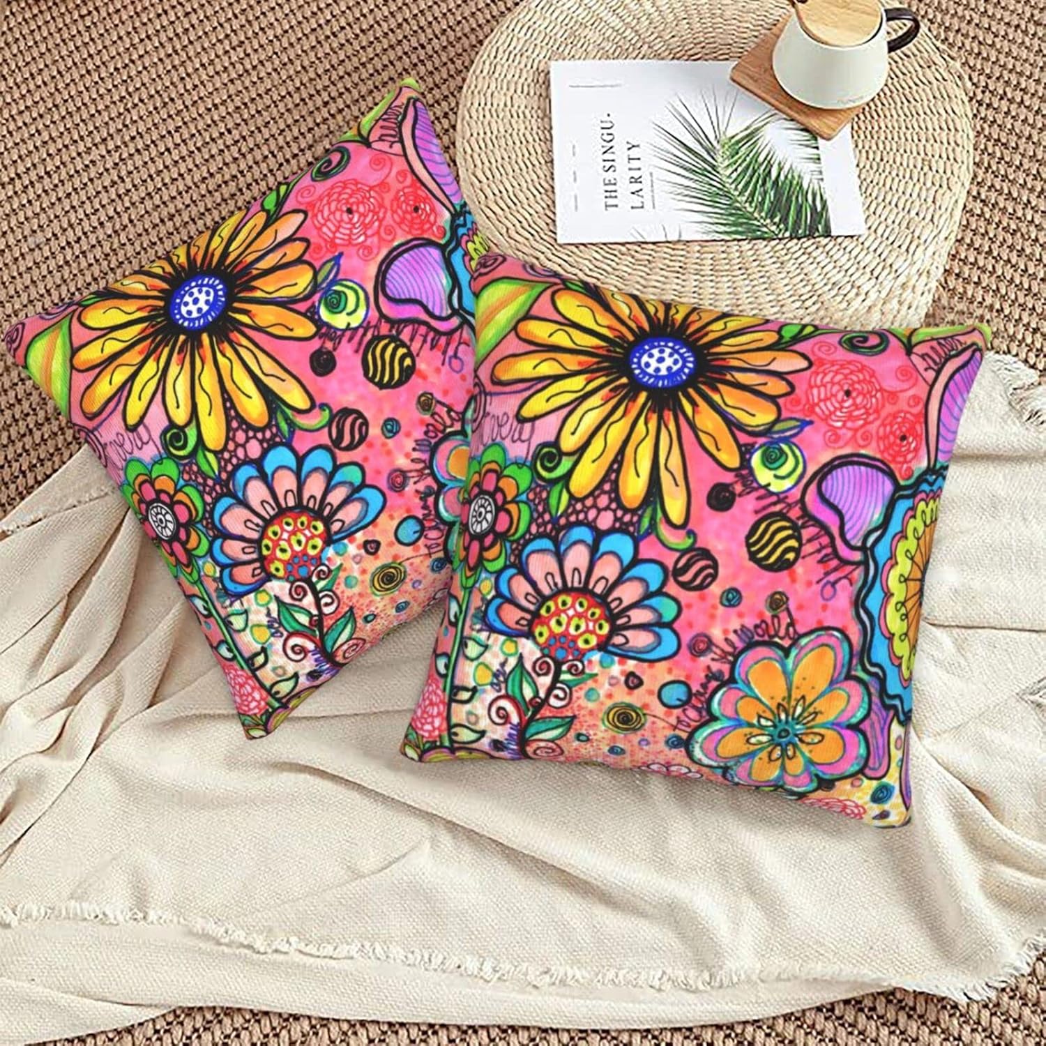 2pcs artistic floral graffiti throw pillow covers double sided printed square pillow covers for sofa bedroom living room car decoration holiday decorations polyester 18 x 18 inches no pillow core Product details 2