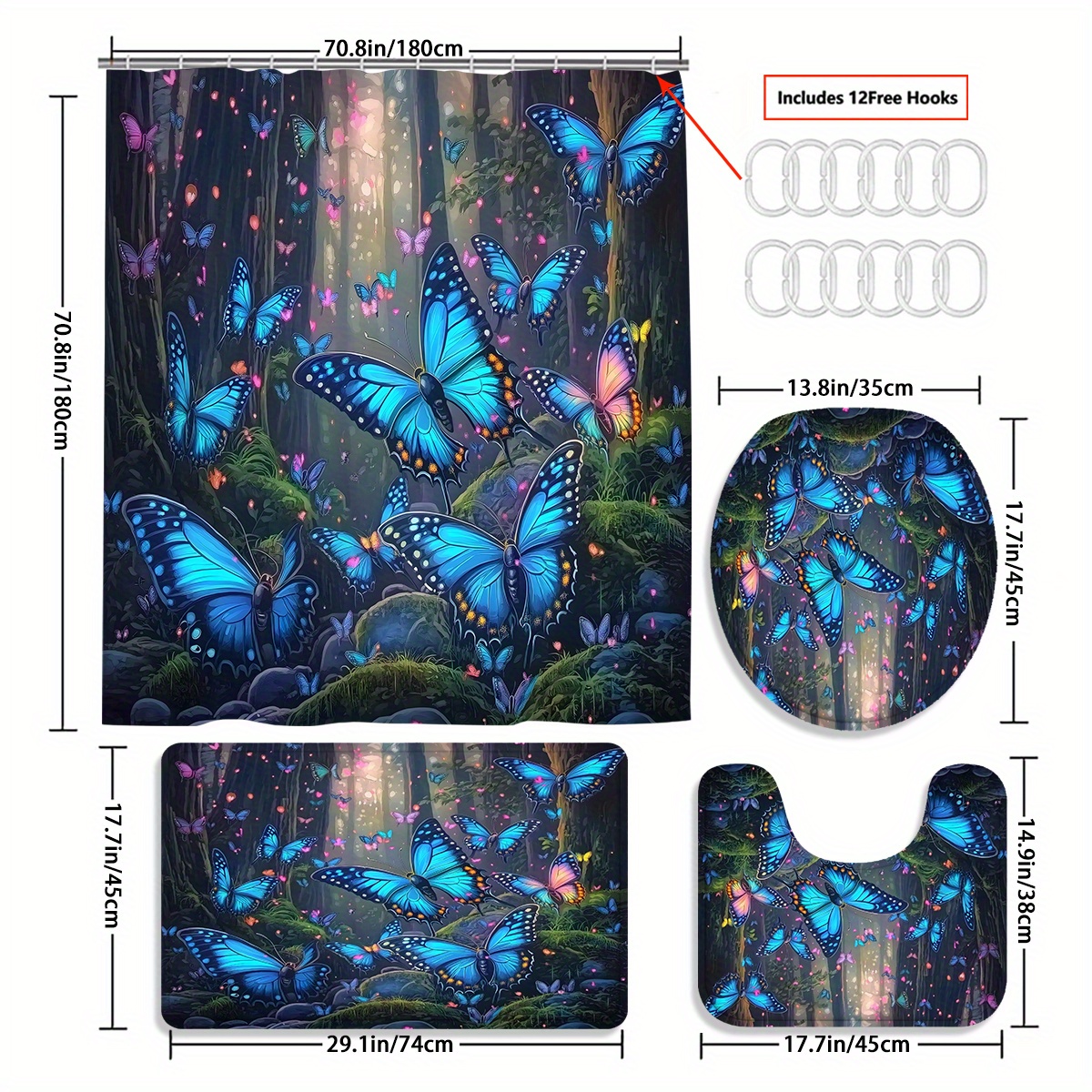 4pcs Forest & Shower Curtain Set, Bathroom Partition Curtain, Curtain Decoration Housewarming Gift, Shower Curtain And Toilet Mat Three-piece Set With 12 Shower Curtain Hooks