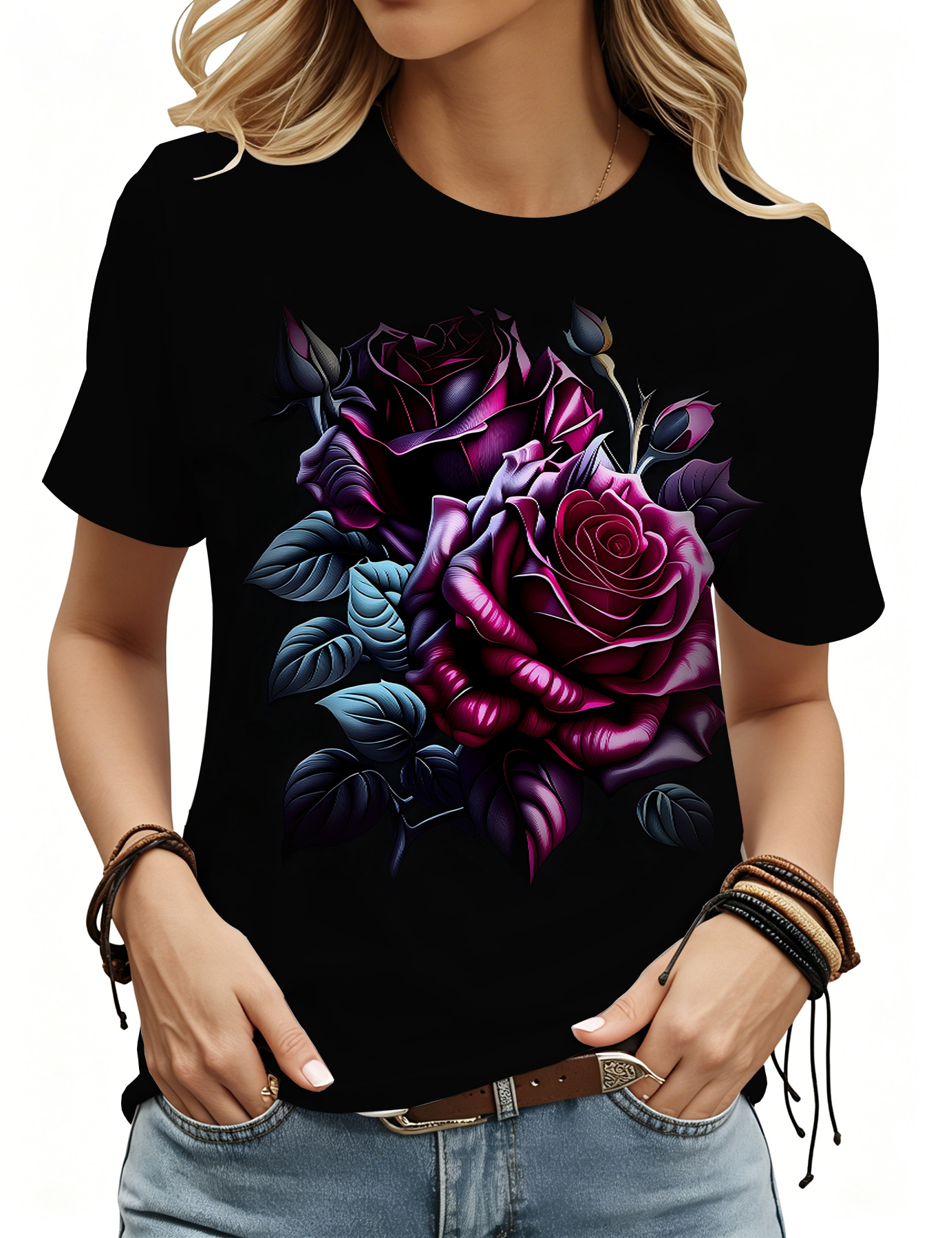 T-shirt Fleuri Femme Roses Noir T-shirt tendance à motif de roses violet foncé, haut décontracté et élégant à manches courtes pour femmes, t-shirt imprimé à motif floral super mignon, haut de style avant-gardiste