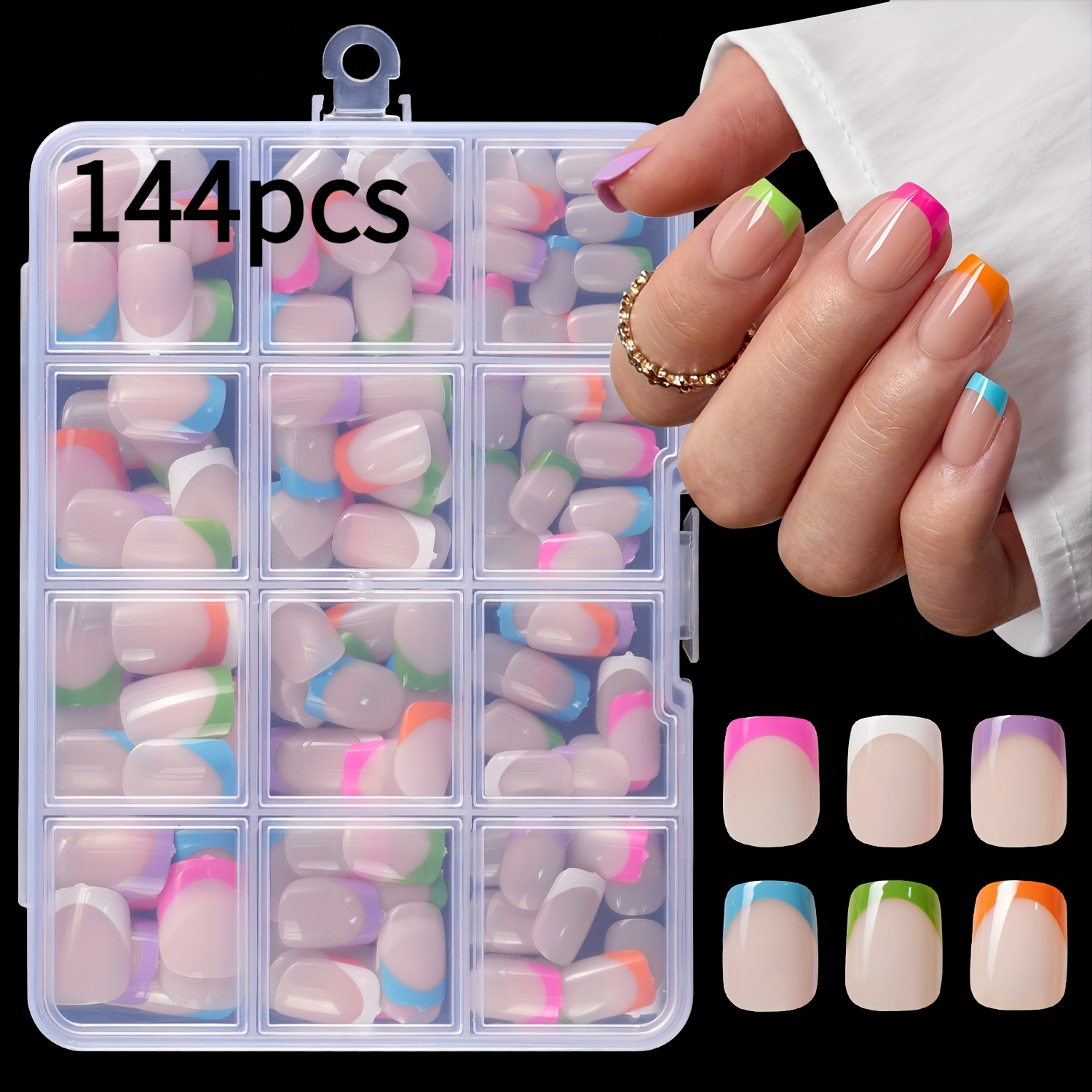 TEMU 144pcs/Boîte, Rouge Rose, Bleu, Violet, Vert, Orange, Blanc, Faux Ongles Courts Carrés à Coller, Brillants, Couverture Complète, Faux Ongles